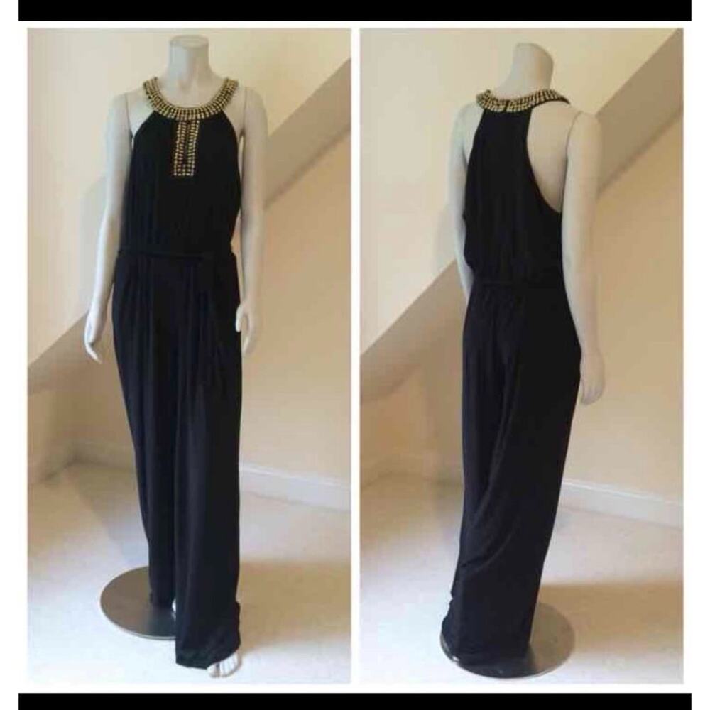 Bisou‎ Bisou Black Halter Jumpsuit Womens 14 Gold Beaded Glam Night Out studded